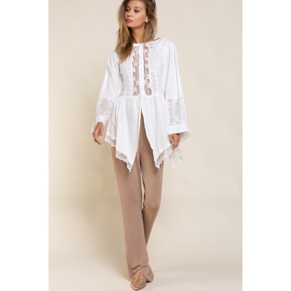 POL Off White Cotton & Lace Long Sleeve Unbalanced Hem Button Down Shirt - Picture 2 of 10